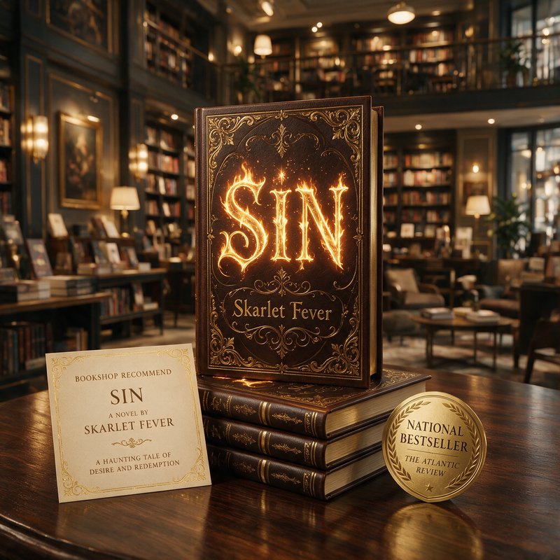 Ornate leather-bound book "SIN" by Skarlet Fever displayed on a bookstore table, with a recommend...