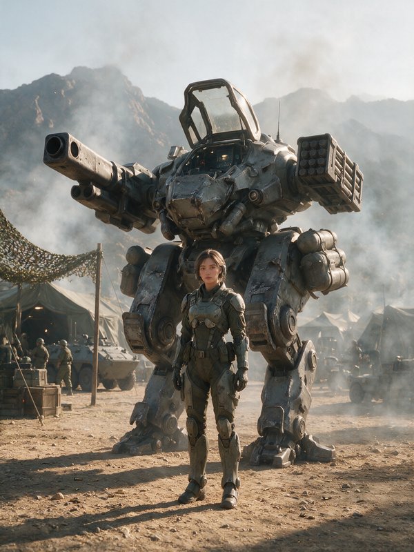 Female mech pilot stands in front of a heavy armed battle mech at a dusty mountain military field...