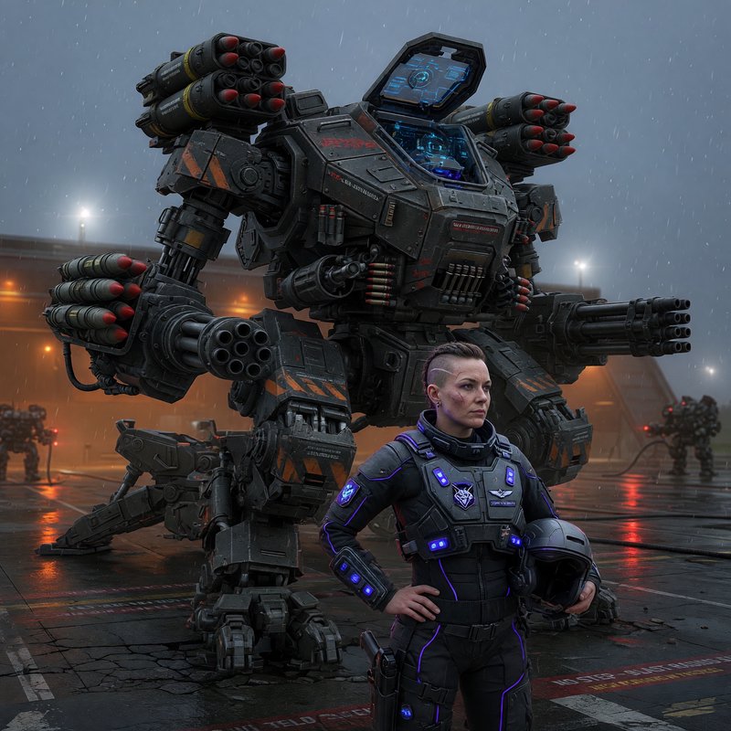 Scarred female mech pilot stands before a massive heavily armed battle mech on a rainy military a...