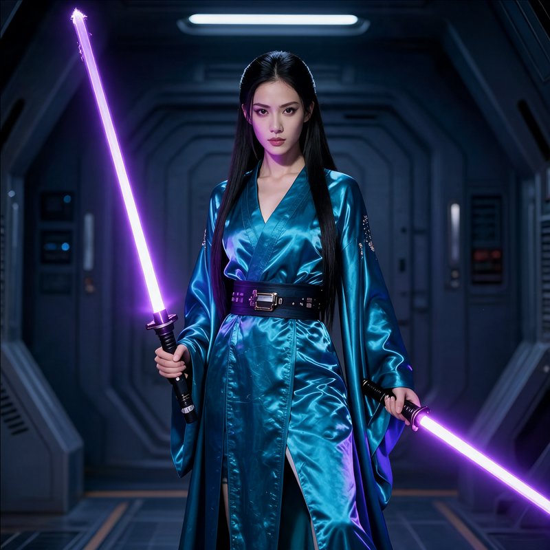 Stoic young East Asian woman in teal satin robe holding two glowing purple lightsabers in a futur...