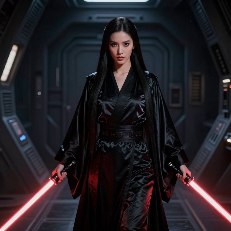 Female Sith warrior holding two lit red lightsabers, standing in a dark futuristic starship corridor