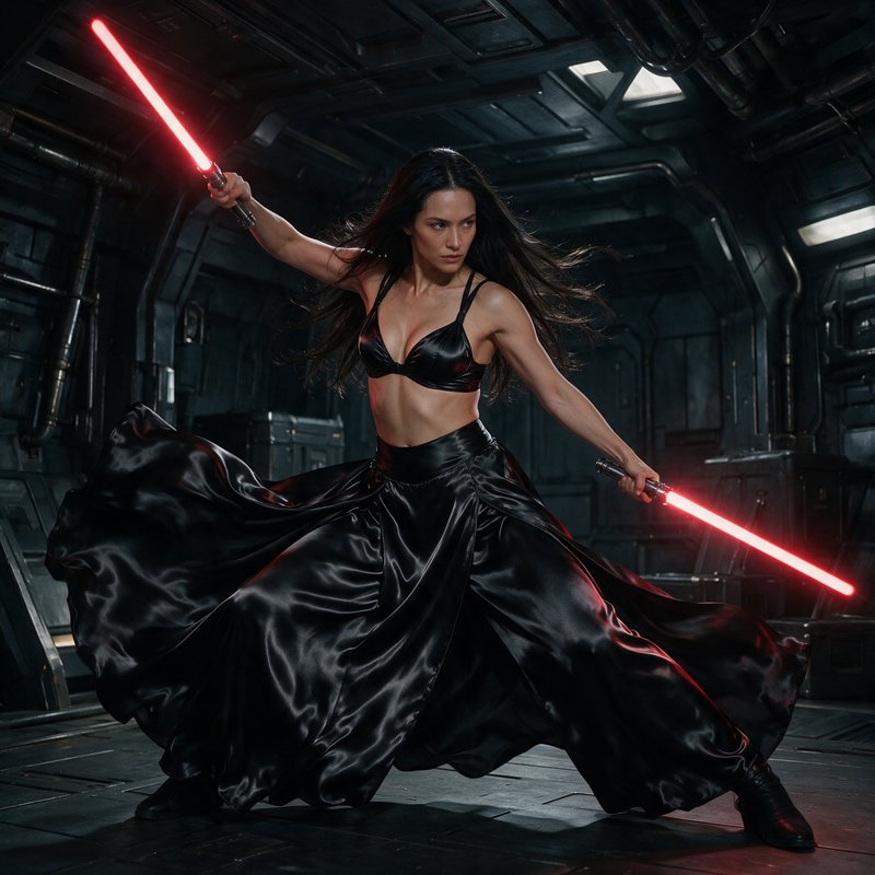 Female Sith warrior in combat stance holding twin glowing red lightsabers inside a dark industria...