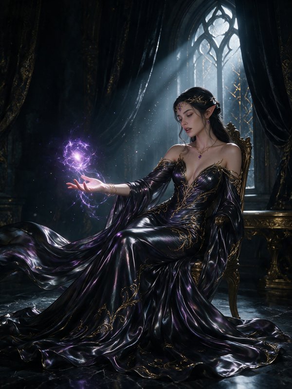 Elven sorceress in an ornate black silk gown conjures glowing purple magic while seated in a moon...