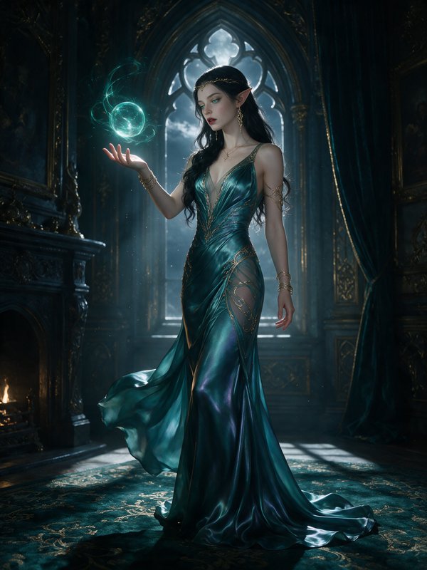 Elven sorceress holds a glowing teal magic orb, wearing an iridescent emerald gown in an ornate g...