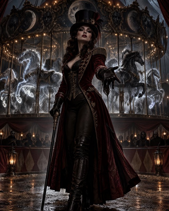 Gothic female ringmaster in a top hat stands before an ornate haunted carousel with glowing spect...