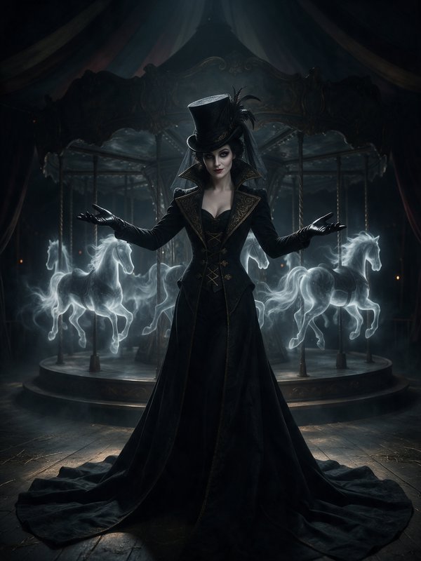 Gothic female ringmaster stands with outstretched arms before a haunted carousel of glowing ghost...