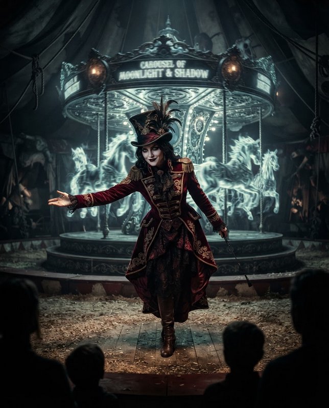 Gothic female circus ringmaster gestures to the audience, standing before a glowing ghost carouse...