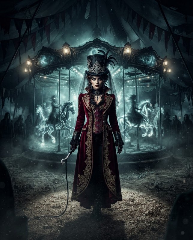 Gothic steampunk female carnival ringmaster stands before a glowing ghost carousel inside a foggy...