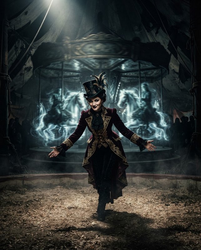 Sinister gothic female ringmaster with outstretched arms stands before a glowing ghost carousel i...