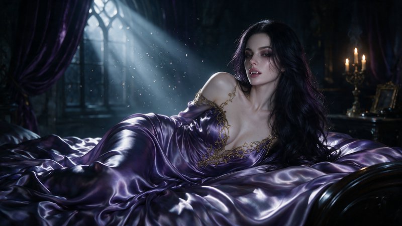 Pale vampire woman with fangs reclines on lustrous purple silk bedding in a moonlit gothic castle...