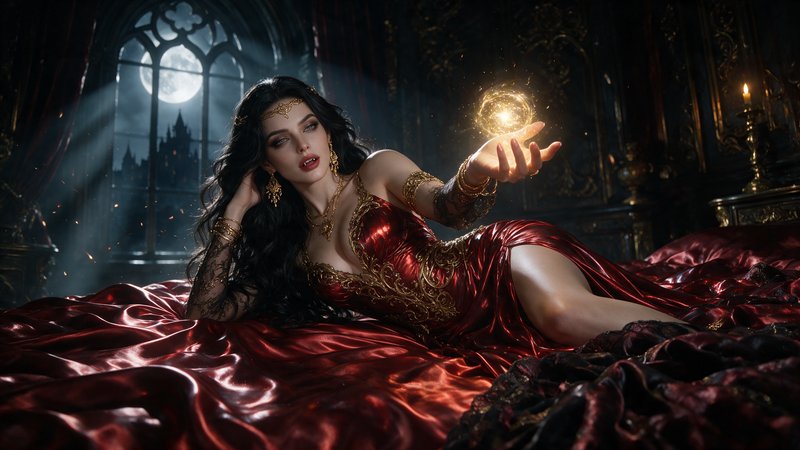 Gothic fantasy vampire sorceress reclines on red satin bed, holding a glowing golden magic orb in...