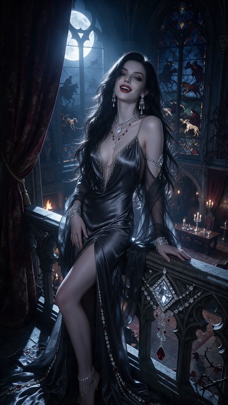 Glamorous elegant female vampire in a black silk gown leans on a gothic castle balcony, full moon...