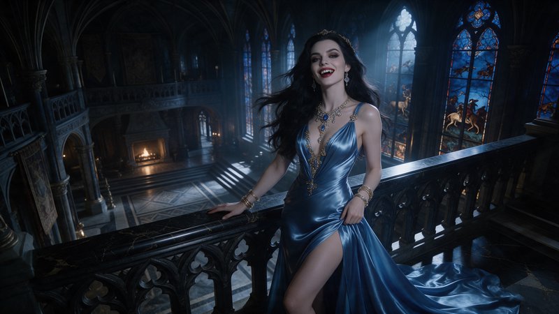 Glamorous female vampire in a shimmering blue gown stands on a gothic castle grand hall balcony
