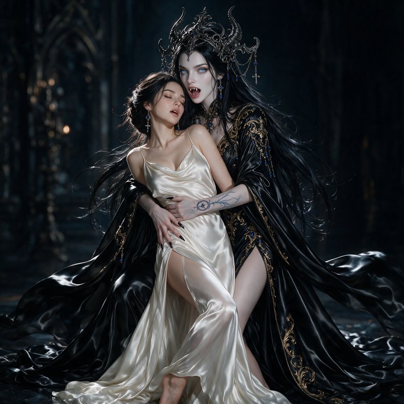 Horned gothic vampire queen embraces a swooning woman in an ivory silk gown inside a dark castle
