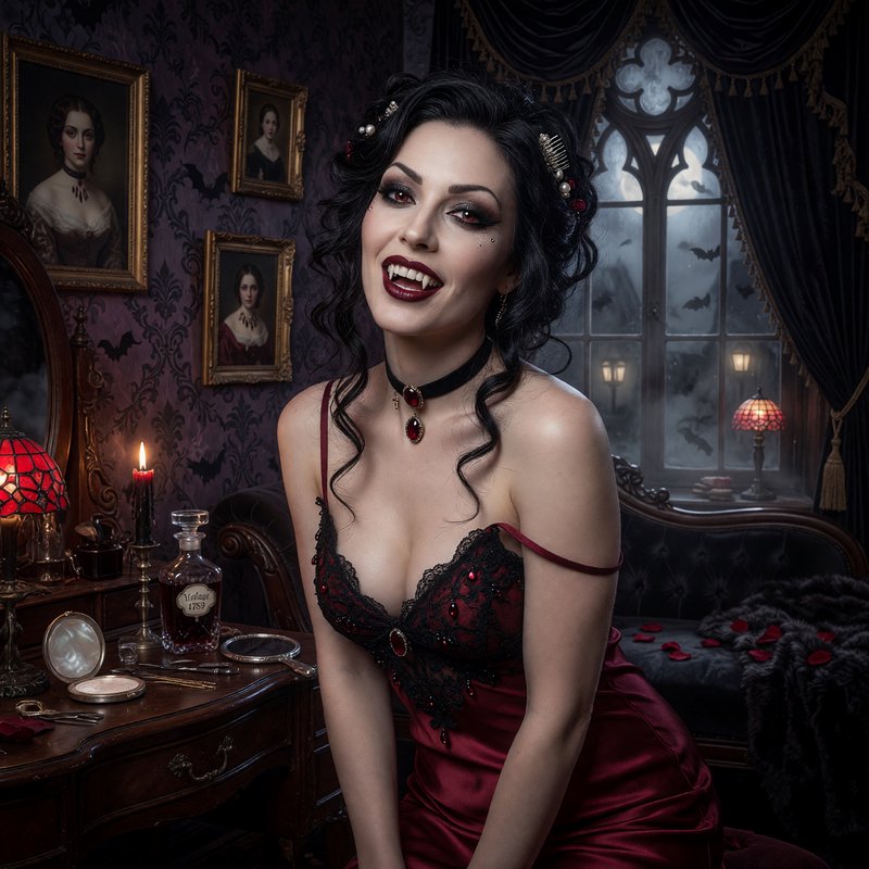 Glamorous female vampire showing fangs while seated in a richly decorated gothic Victorian bedroom