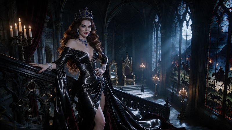 Regal vampire queen in a glossy black gown stands on an ornate gothic castle staircase under moonlight