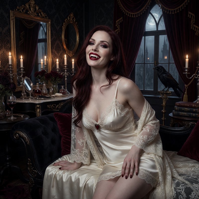 Laughing red-haired female vampire in satin lace loungewear sits in a moonlit gothic bedroom with a perched raven