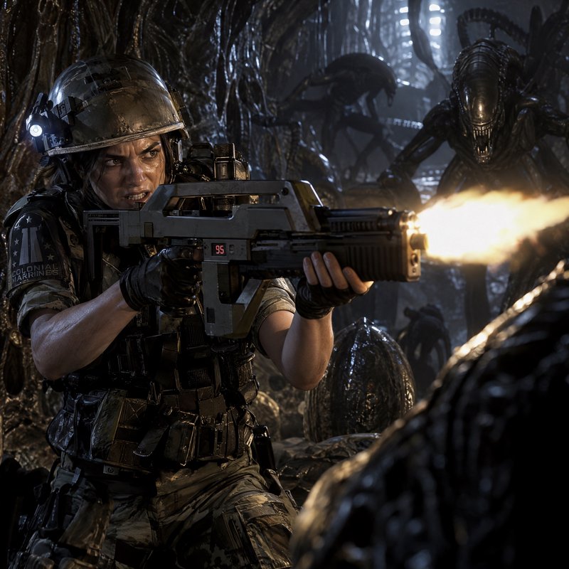 Female Colonial Marine fires a pulse rifle at approaching Xenomorph aliens inside an organic alien hive
