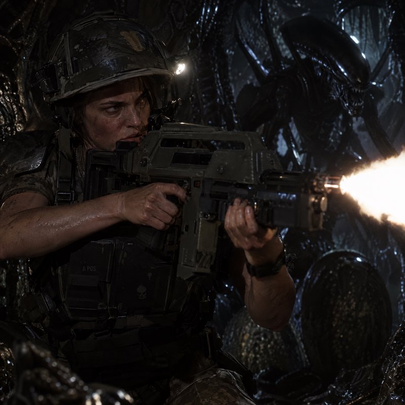 Female colonial marine fires a pulse rifle as a xenomorph looms behind her in an alien hive