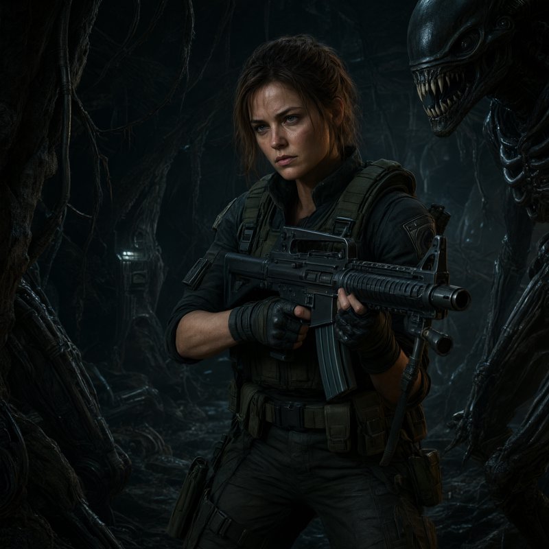 Armed female combat marine stands alert as a menacing xenomorph looms behind her in a dark alien hive