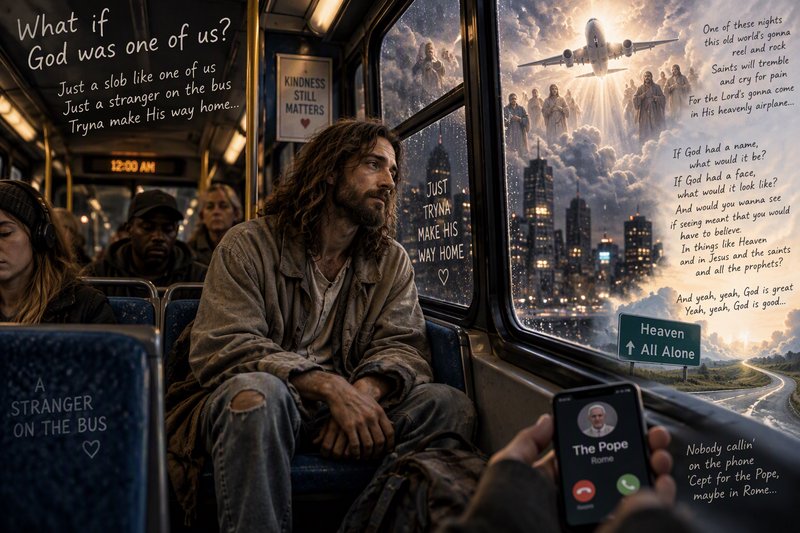 Ragged Jesus sits as a quiet stranger on a late night city bus gazing out at a surreal heavenly v...