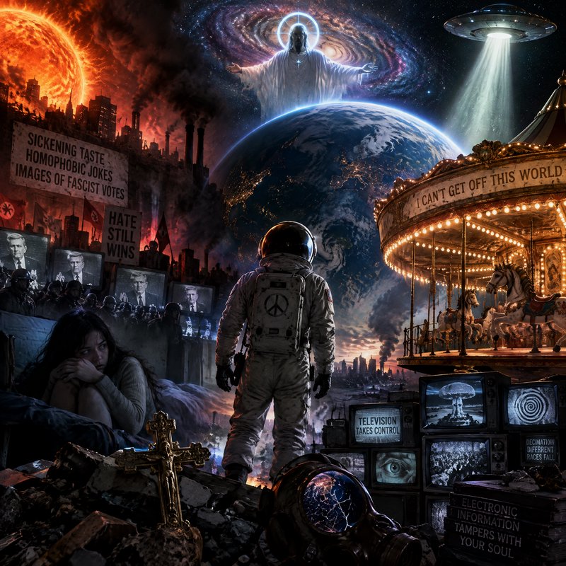 Lone peace-symbol astronaut stands amid a surreal dystopian collage spanning Earth, religion, apo...