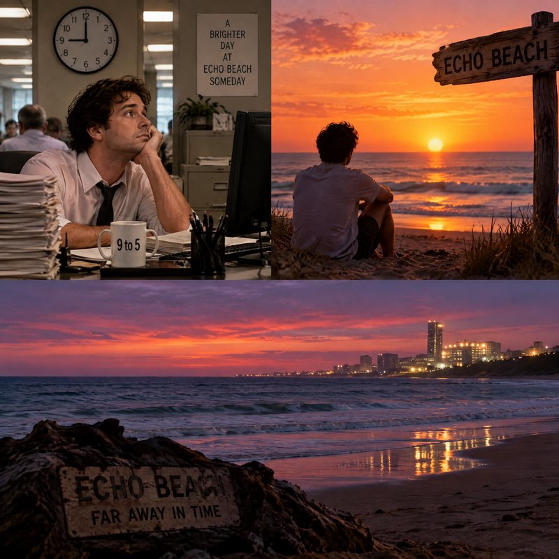 Three panel collage contrasting a bored office worker daydreaming of visiting Echo Beach across time