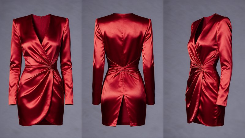 Three front, back, and side views of a glossy red satin long sleeve mini dress on a plain grey ba...