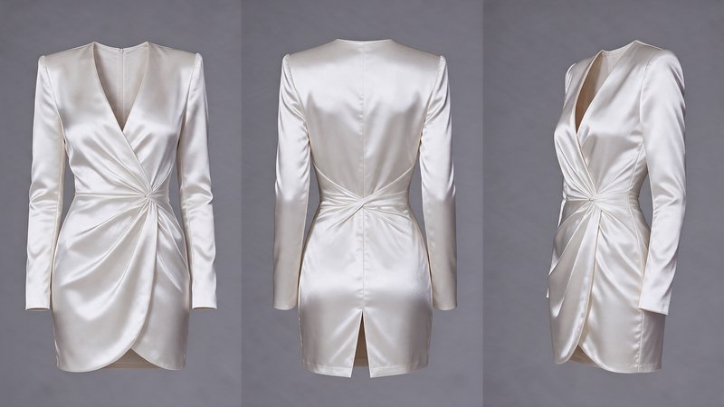Three front, back, side views of an ivory satin long-sleeve mini dress against a neutral grey stu...