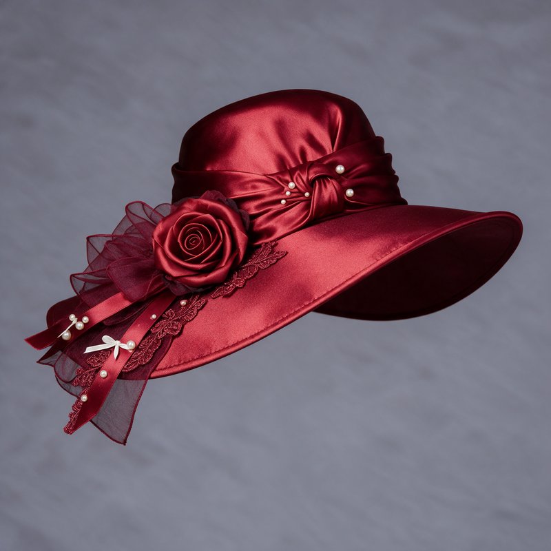 Deep burgundy satin wide brim hat with fabric rose, tulle and pearl detailing against a muted gre...