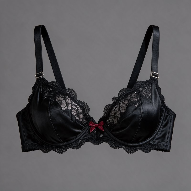 Black satin and lace underwired bra with a small red bow displayed against a plain gray background