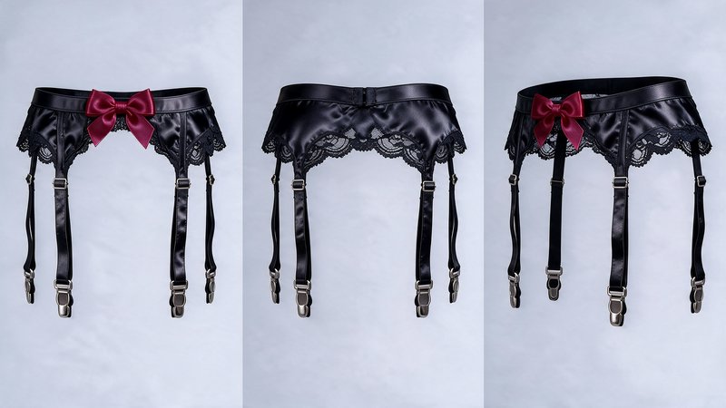 Three studio views of a black satin lace garter belt with burgundy bow accents on a light neutral...