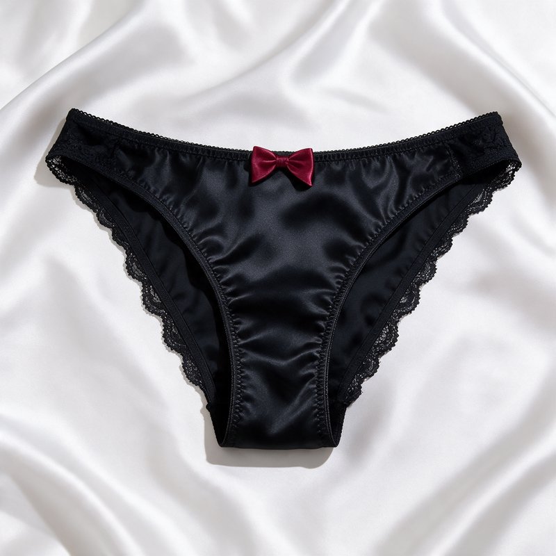 Black satin lace-trimmed bikini panty with red bow resting on draped white silk