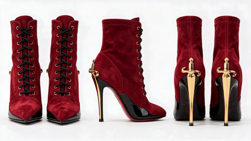 Burgundy suede lace-up high heel ankle boots with ornate gold sword stiletto heels displayed from...