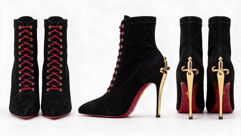 Black suede ankle boots with gold sword stiletto heels, red laces, and red soles shown from three...