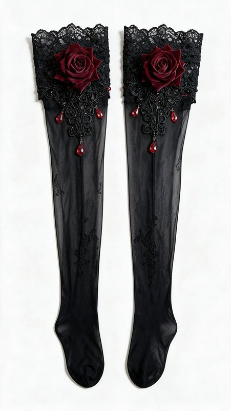 Gothic sheer black thigh high socks adorned with burgundy roses and dangling red teardrop crystal...