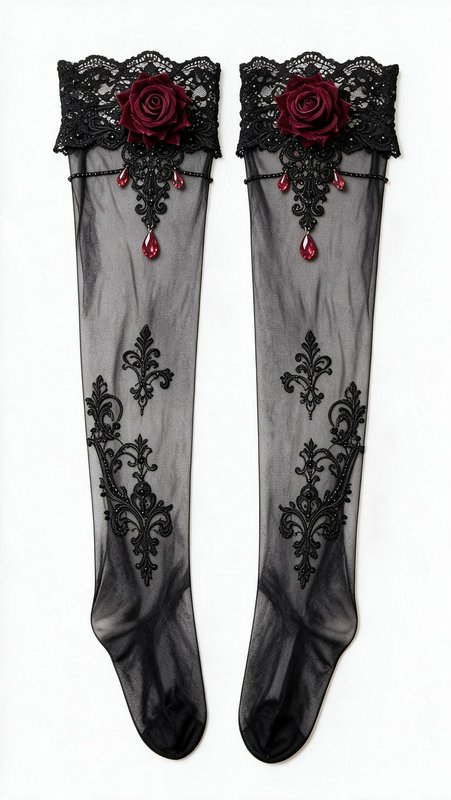 Pair of ornate gothic sheer black thigh high stockings with lace, burgundy roses and red gem accents