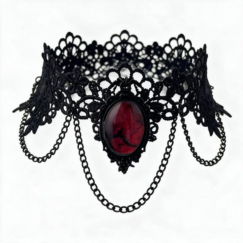 Black lace gothic choker with large deep red gem pendant and hanging chain accents