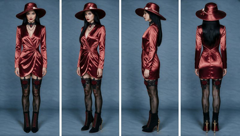 Four view turnaround of a gothic style model in a burgundy satin outfit against a slate blue stud...