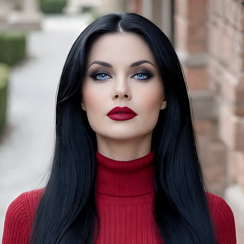 Close-up portrait of a woman with long sleek black hair, bright blue eyes, and bold red lipstick