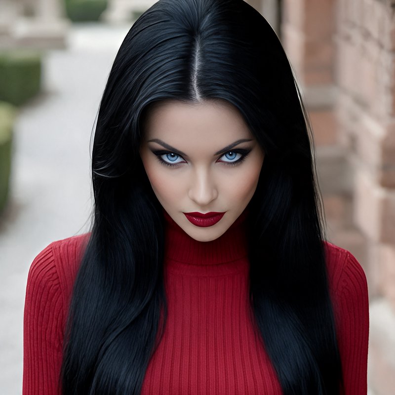 Close-up portrait of a woman with long sleek black hair, bright blue eyes, bold red lipstick, and a red turtleneck