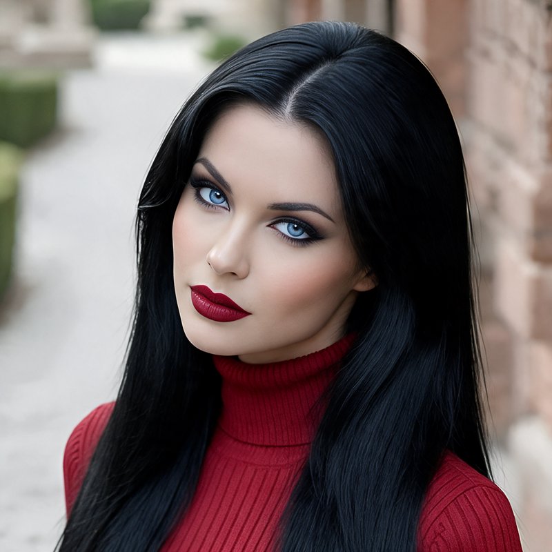Portrait of a woman with sleek long black hair, bright blue eyes, and bold red lipstick wearing a red turtleneck outdoors