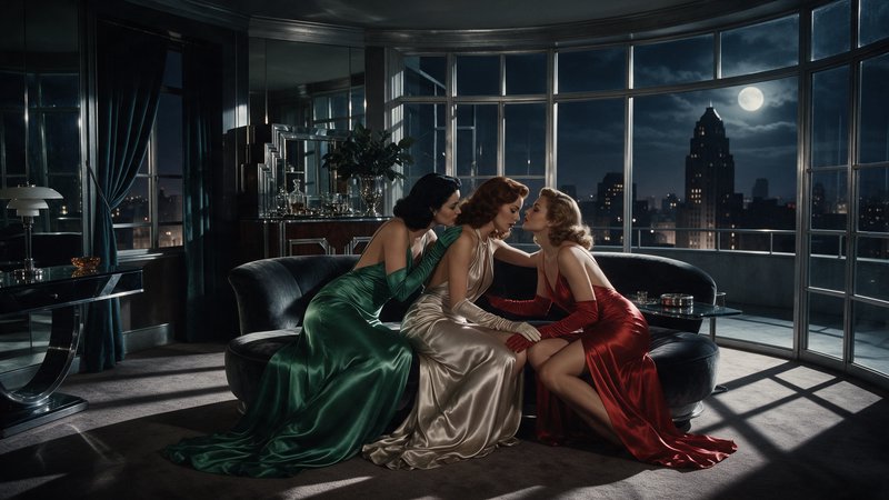 Three women in vintage satin gowns sit closely together on an art deco sofa in a moonlit penthouse