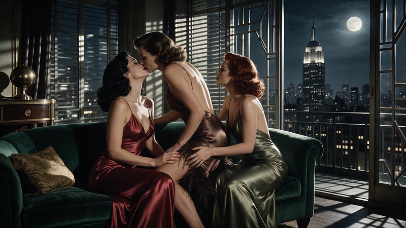 Three vintage styled women share an intimate moment on a penthouse couch overlooking moonlit New York