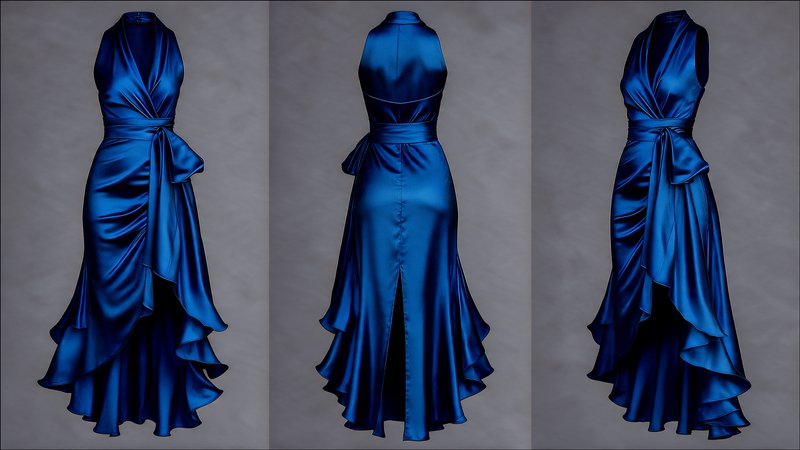 Front, back, and side views of a glossy royal blue satin halter evening gown on a neutral grey ba...