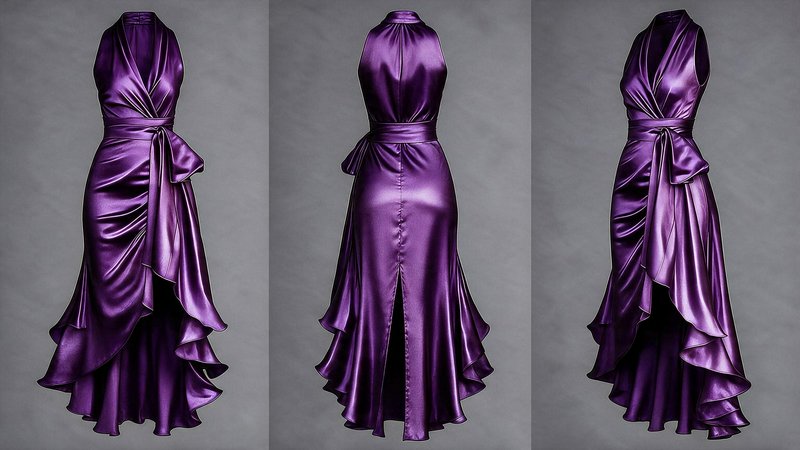 Three side-by-side views of a glossy purple satin halter evening gown against a plain grey studio...