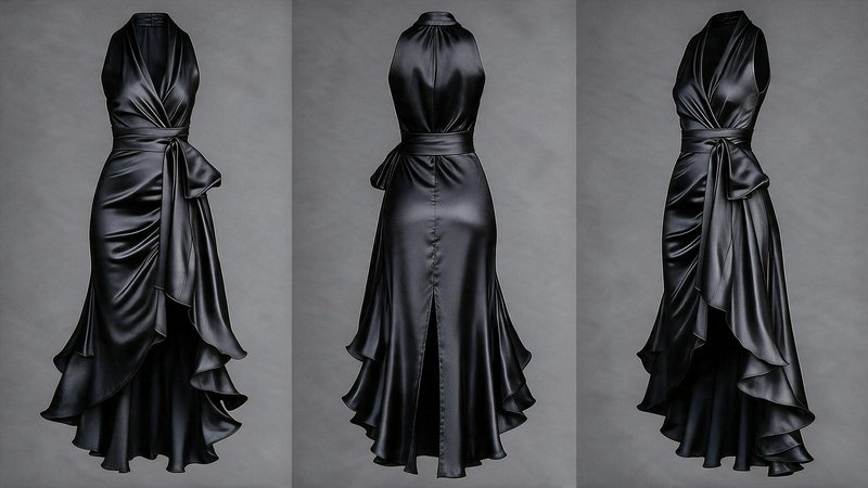 Three front, back, and side views of a glossy black satin halter evening gown against a plain gre...