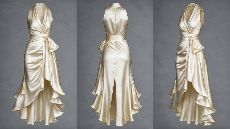 Front, back and side views of a lustrous champagne satin halter formal gown against a neutral gre...