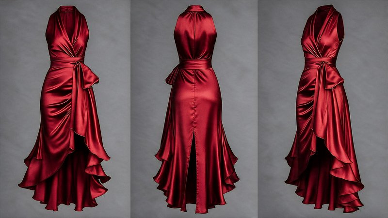 Three side-by-side views of a glossy deep red satin halter evening gown against a gray studio bac...