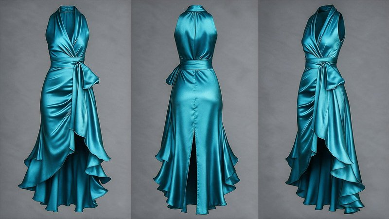 Three front, back and side views of a glossy teal satin halter evening gown against a grey studio...